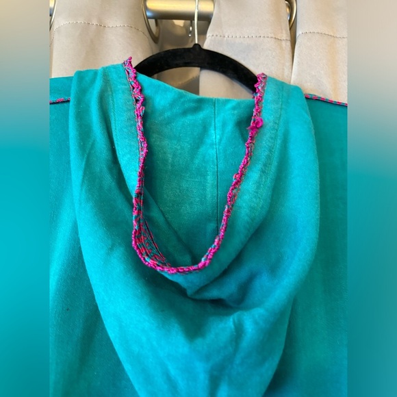 Tradition Djellaba Womens Long Hooded Kaftan‎ Teal Pink Embroidered Pocket Holes - Picture 5 of 9